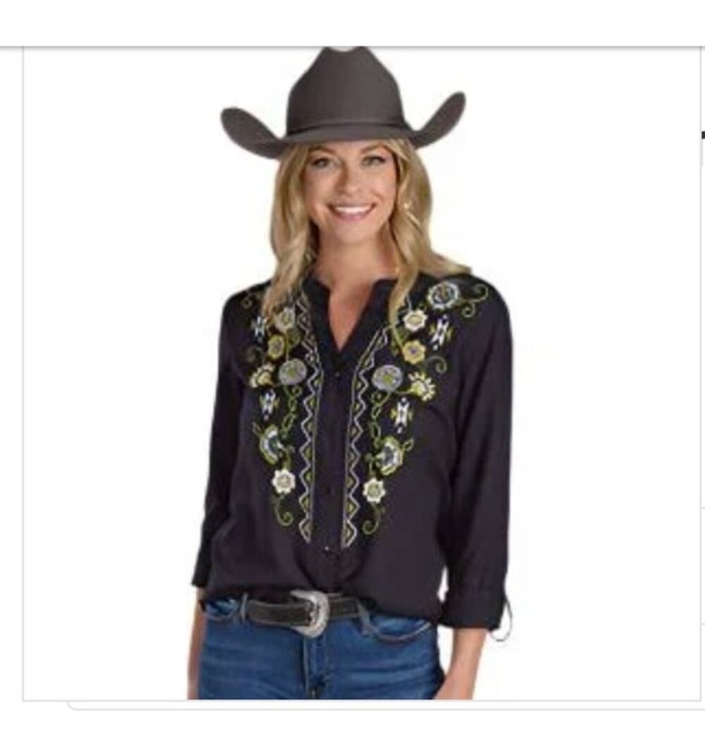 Roper Western Embroidered Yellow Floral on Black Challis Blouse Large